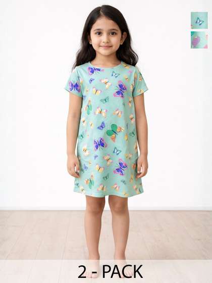 Anthrilo Pack of 2 Kids
                    Girls Summer Night Dress Cotton Butterfly Green and
                    Ice Cream