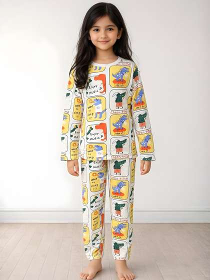 Anthrilo White Kids
                    Girls Dinosaur Stamp Long Sleeve Cotton Night Suit
                    Pyjama Set
