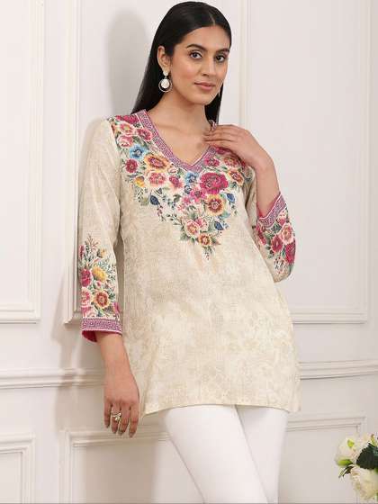 Biba Floral
                          Embroidered V-Neck Thread Work Pure Cotton
                          Thread Work Kurti