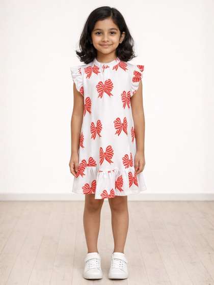 Anthrilo Girls Print
                    Summer Bow Pink Frill - Off White A-Line Dress