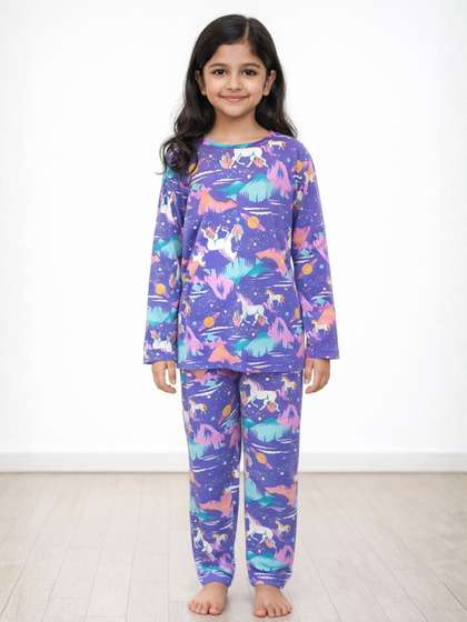 Anthrilo Purple Kids
                    Girls Unicorn Planet Print Long Sleeve Cotton Night
                    Suit