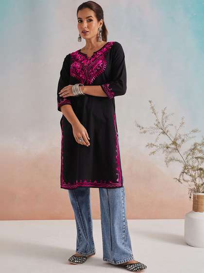 FEMBLISS Floral
                          Embroidered V-Neck Pure Cotton Kurti