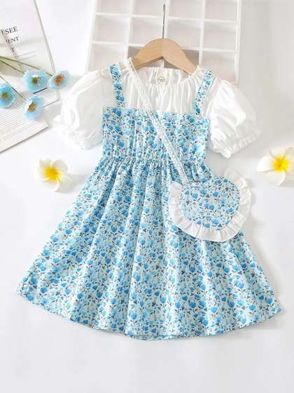 YK Floral Print Puff
                    Sleeve A-Line Dress