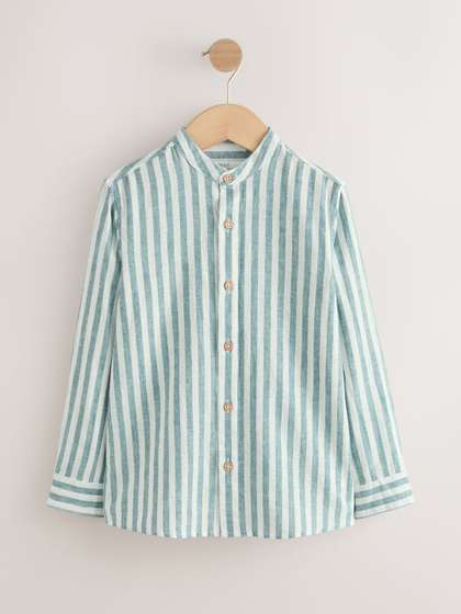 NEXT Boys Striped Band
                    Collar Linen Cotton Casual Shirt