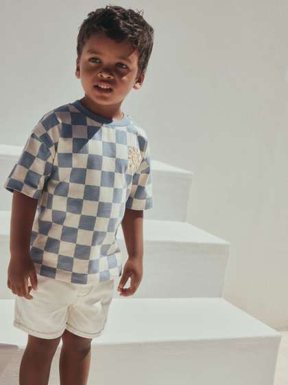 NEXT Boys Checked
                      Drop-Shoulder Sleeves Pure Cotton T-shirt