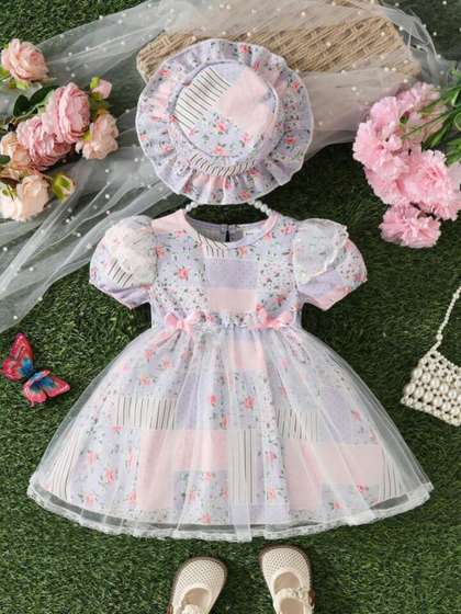 YK Floral Print Puff
                      Sleeve Fit & Flare Dress