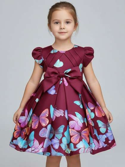 YK Floral Print Puff
                    Sleeve Satin A-Line Dress