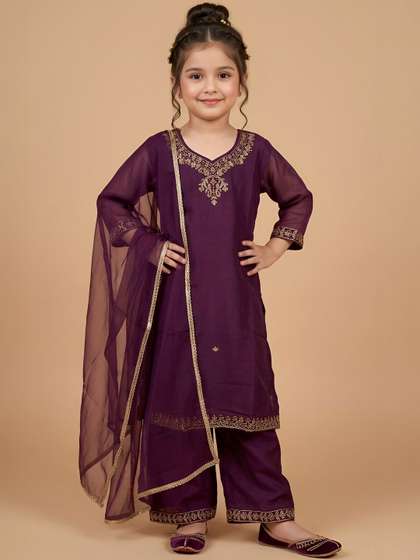 KIND STITCH Girls
                      Embroidered Layered Aari Work Kurta with Palazzos
                      & With Dupatta
