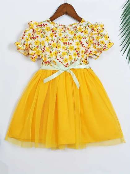 YK Floral Print Puff
                    Sleeve Net Fit & Flare Dress