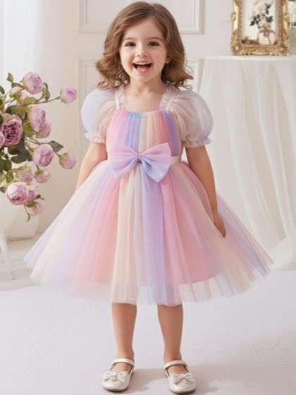 YK Striped Puff Sleeve
                    Net A-Line Dress