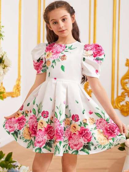 YK Floral Print Puff
                    Sleeve Satin A-Line Dress