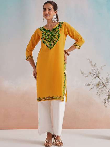 FEMBLISS Floral
                        Embroidered V-Neck Pure Cotton Kurti