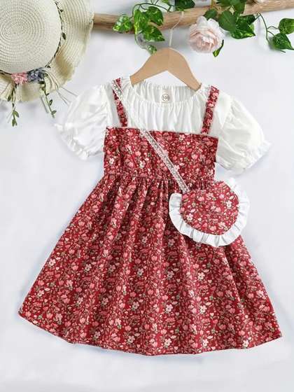 YK Floral Print Puff
                    Sleeve A-Line Dress