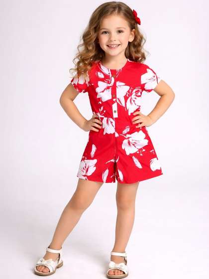 PICCOLO Girls Floral
                      Printed Round Neck Cotton Jumpsuit