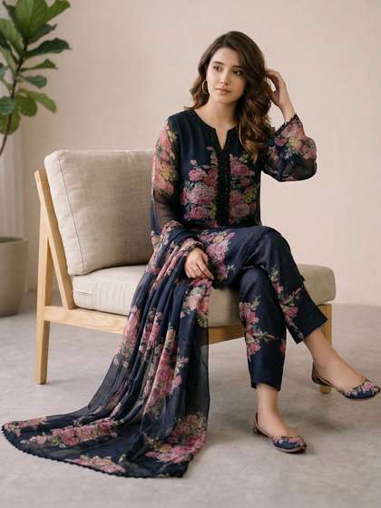 Sangria Printed
                        V-Neck Georgette Kurta & Palazzos With
                        Dupatta