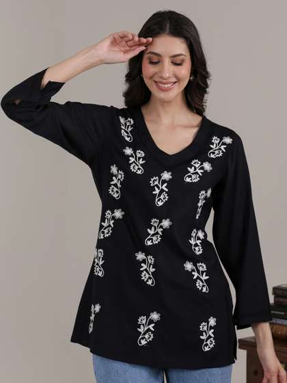 QAZMI Women Kashmiri
                        Aari Embroidered Flared Sleeves Short Kurti