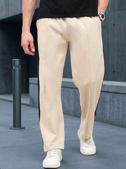 Styli Men Beige Side
                        Contrast Open Hem Relaxed Fit Cotton Joggers