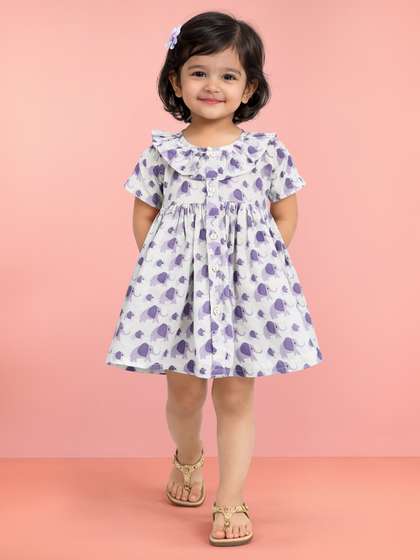 VASTRAMAY Girls Purple
                    Cotton Animal Print Gathered Short Sleeve A-line
                    Dress