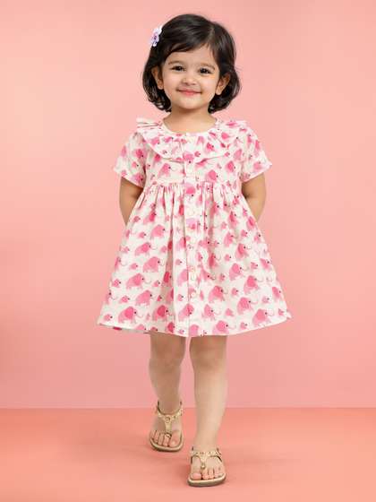 VASTRAMAY Girls Pink
                    Cotton Animal Print Gathered Short Sleeve A-line
                    Dress