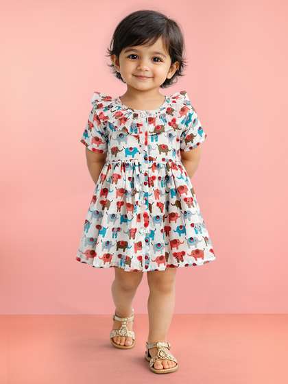 VASTRAMAY Girls
                    Multicolour Cotton Animal Print Gathered Short
                    Sleeve A-line Dress