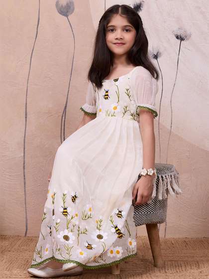 Tasarika Girls Floral
                    Embroidered Round Neck Dress