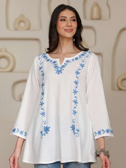 QAZMI Women Kashmiri
                        Aari Embroidered A-Line Short Kurti with Full
                        Sleeves