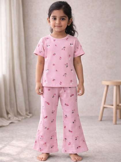 LITTLE APPLE Girls
                        Printed Pure Cotton T-shirt with Trousers