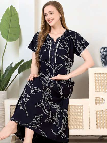 ETC Women Leaf Print
                        Navy Blue Cotton Maxi Nightdress