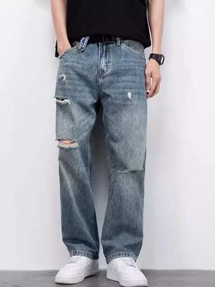 ANDREW HILL Men
                        Straight Fit Mid-Rise Distressed Jeans