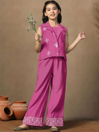 Sangria Girls
                        Embroidered Crop Top and Palazzo with Jacket
                        Clothing Set
