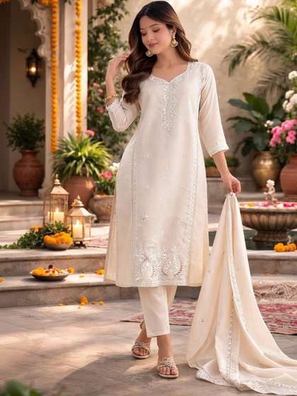 SHEETAL Associates
                        Women Embroidered Regular Kurti with Trousers
                        & With Dupatta
