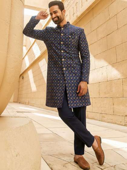 KISAH Men Textured
                        Mandarin Collar Sherwani Trouser Set