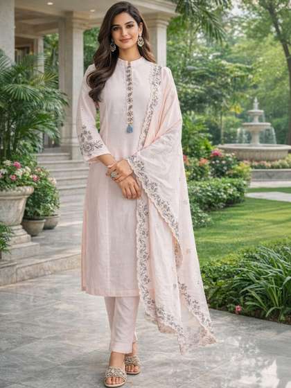 KALINI Women
                        Embroidered Regular Pure Cotton Kurta with
                        Trousers & With Dupatta