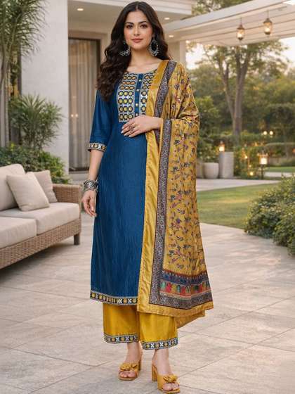 KALINI Women
                        Embroidered Regular Kurta with Trousers &
                        With Dupatta
