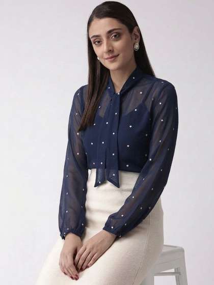 NEYSA Mandarin
                        Collar Sheer Georgette Shirt Style Top