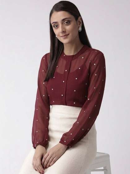 NEYSA Mandarin
                        Collar Sheer Georgette Shirt Style Top
