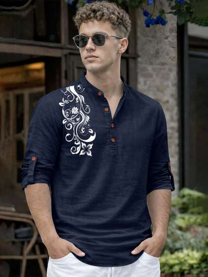 Fifth U Men Cotton
                          Mandarin Collar Printed Kurta