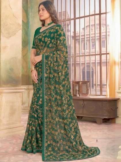 Vishal Prints Dark
                        Green Printed Georgette Fancy Border Sarees