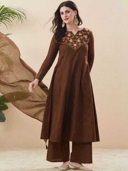 MOKOSH Women
                          Cotton Embroidered Full Sleeve Anarkali Kurta
                          with Palazzo Dupatta Set