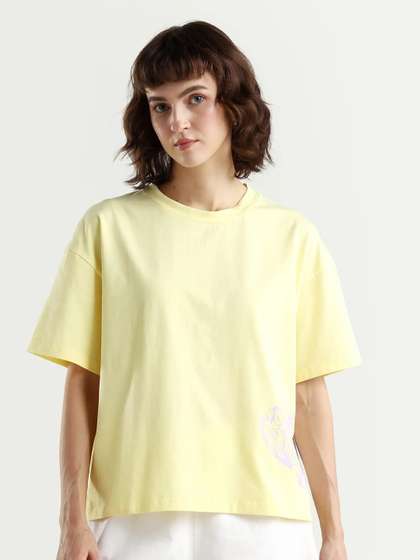 RAREISM Women
                          Yellow Plain Boxy Fit Half Sleeve Crew Neck
                          T-Shirt