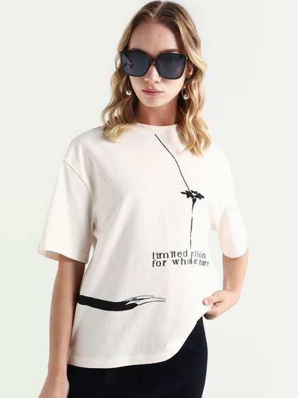 RAREISM Women Off
                        White Graphic Print Relaxed Fit Half Sleeve Crew
                        Neck T-Shirt