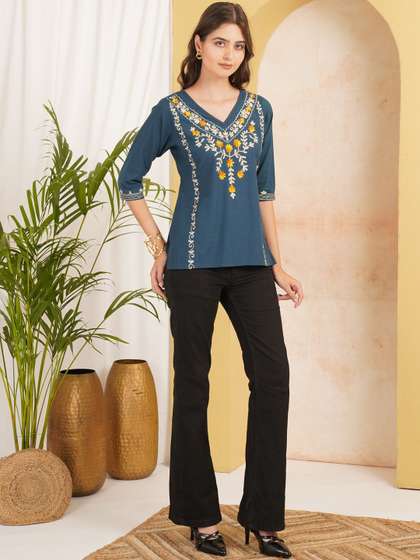 Ethic Glance
                          Embroidered V-Neck Pure Cotton Khadi Kurti