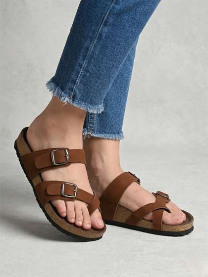 Mast & Harbour
                        Women Solid Round Toe Buckles Leather Open Toe
                        Flats
