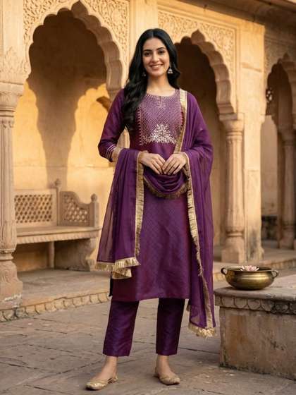 Varanga Women Ethnic
                        Motifs Embroidered Regular Gotta Patti Kurta
                        with Trousers & With Dupatta