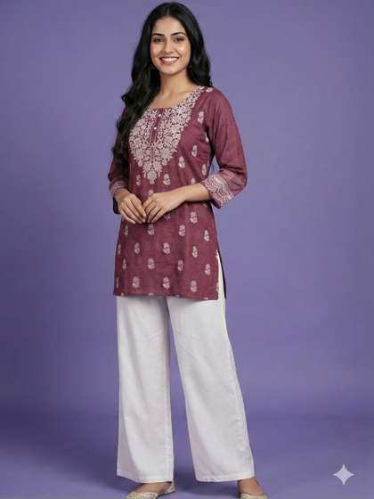 Span Women Purple
                          Printed Short Cotton Kurti with Round Neck
                          & 3/4 Sleeves