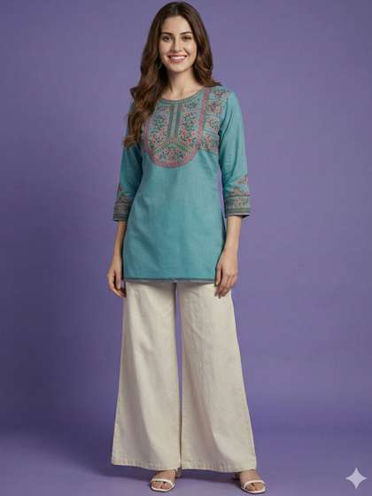 Span Women Blue
                        Printed Round Neck Short Cotton Kurti with 3/4
                        Sleeves