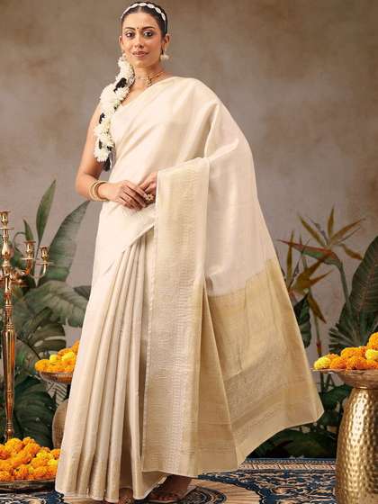 Silk Land Woven
                        Design Zari Silk Blend Fusion Kasavu Saree