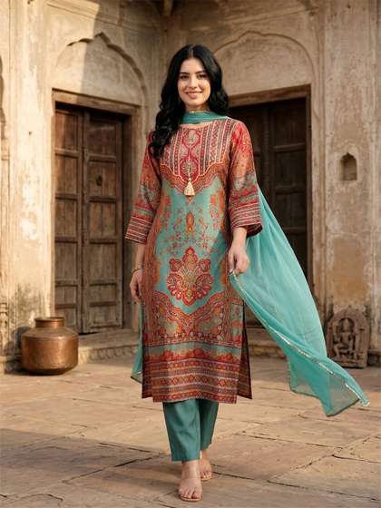 Varanga Women
                          Ethnic Motifs Printed Regular Gotta Patti
                          Chanderi Silk Kurta with Trousers & With
                          Dupatta
