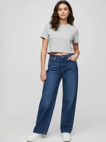 V-Mart Girls Wide Leg
                    Mid-Rise Light Fade Cotton Denim Jeans
