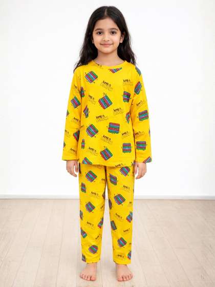 Anthrilo Yellow Kids
                    Girls Pop It Long Sleeve Printed Cotton Night Suit